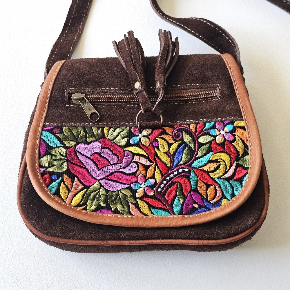 Boho Suede Embroidered Crossbody Purse | Floral Tassel Small Bag - Picture 3 of 11